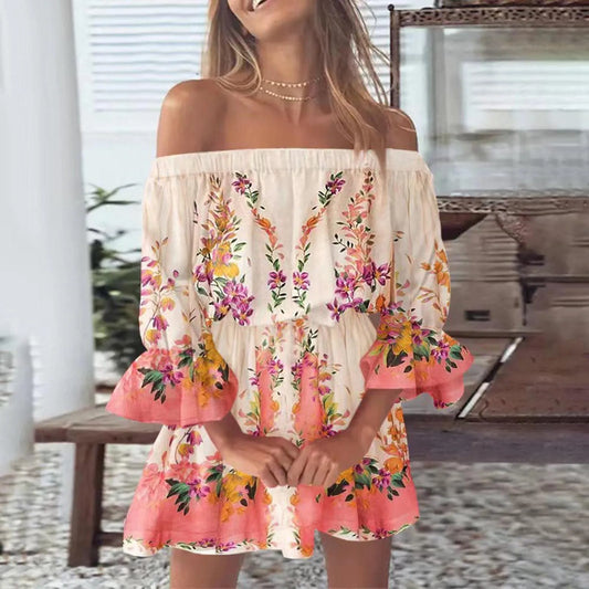 Summer Sexy Off Shoulder Party Dress Women  Sexy Feather Print