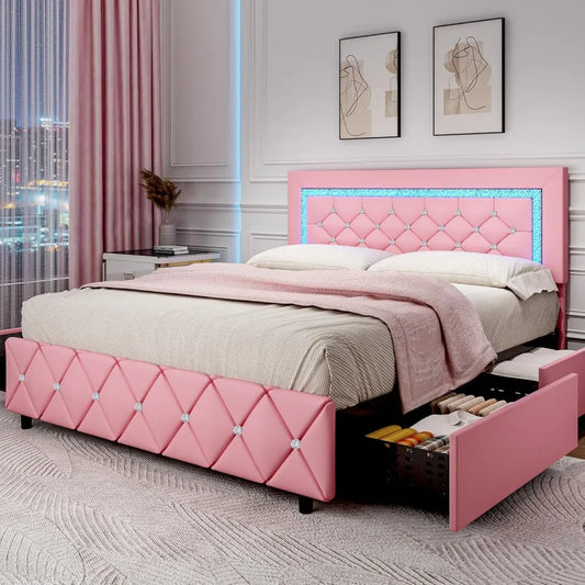 Full Size Bed Frame with LED, Storage Drawers, Princess Platform Bed with Diamond Headboard