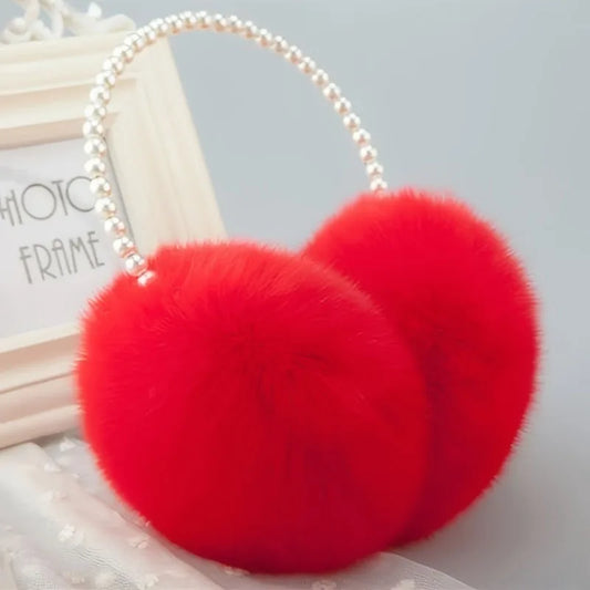 Faux Pearl Hoop Plush Headband Elegant Solid Color Fluffy Earmuffs