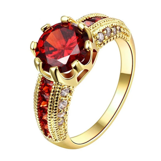 Soild 18K Yellow Gold Princess Ruby Wedding Engagement Rings for Women